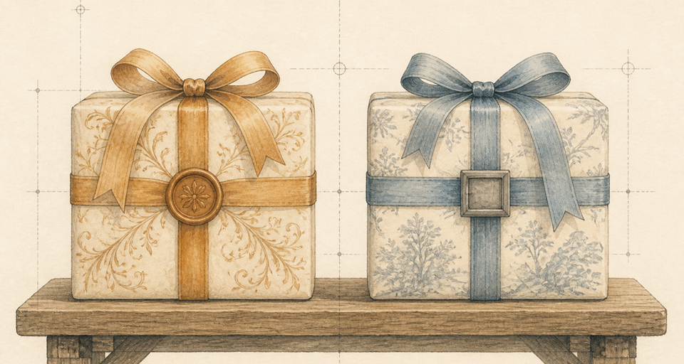 Watercolor of two same-sized wrapped parcels with incompatible ornaments, one brass ribbon and round seal, the other dusty-blue ribbon and square clasp.