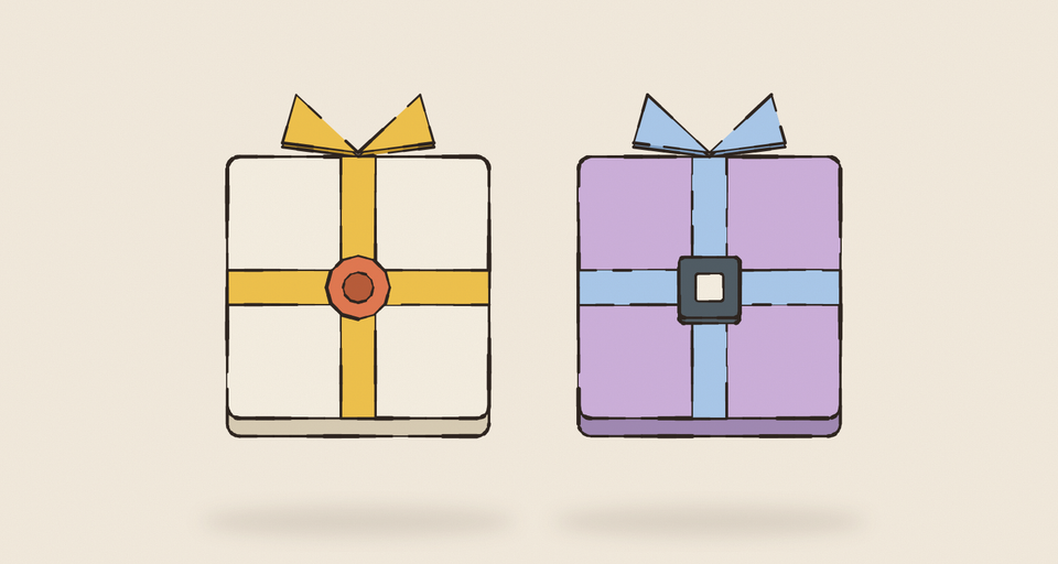 Editorial illustration of two gift boxes the same size, one cream with an amber ribbon fastened by a round rust seal, the other lilac with a blue ribbon fastened by a square slate clasp, every edge drawn in wobbly ink.