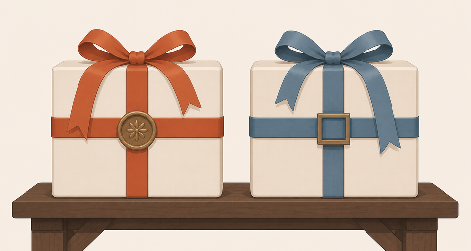 Editorial illustration of two same-sized wrapped parcels with incompatible ornaments, one brass ribbon and round seal, the other dusty-blue ribbon and square clasp.