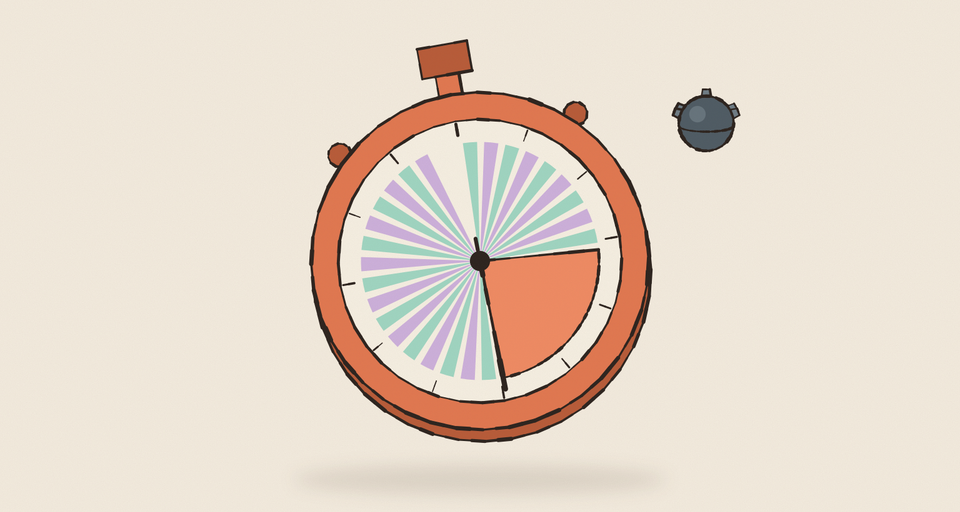 Editorial illustration of a rust-red stopwatch floating at a tilt, its dial filled with thin mint and lilac slices and one wide coral slice where the hand has stopped, a dark sea mine bobbing beside it, every edge drawn in wobbly ink.