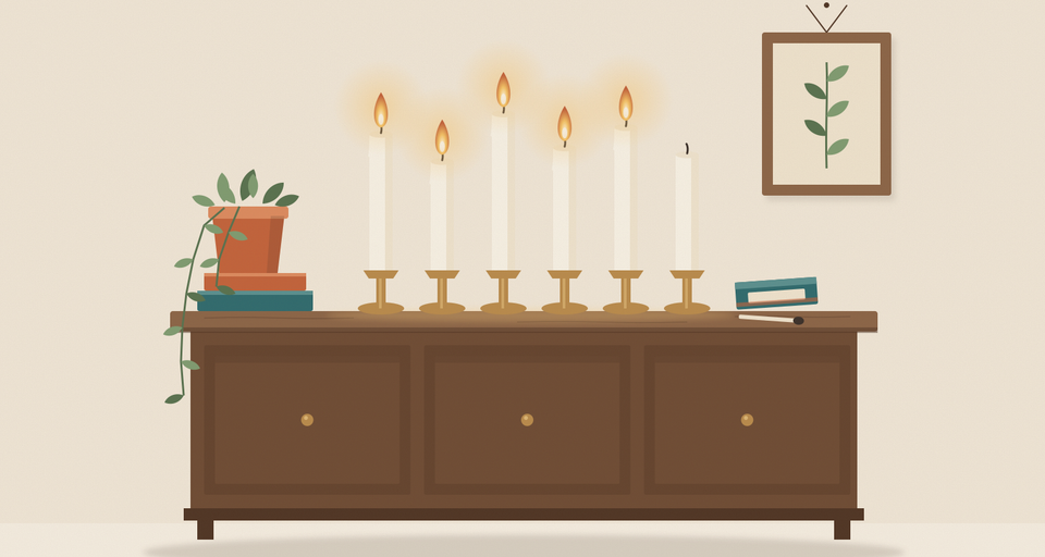 Editorial illustration of a walnut sideboard with six candles in brass holders, five already lit and the last one waiting, a matchbox beside it.