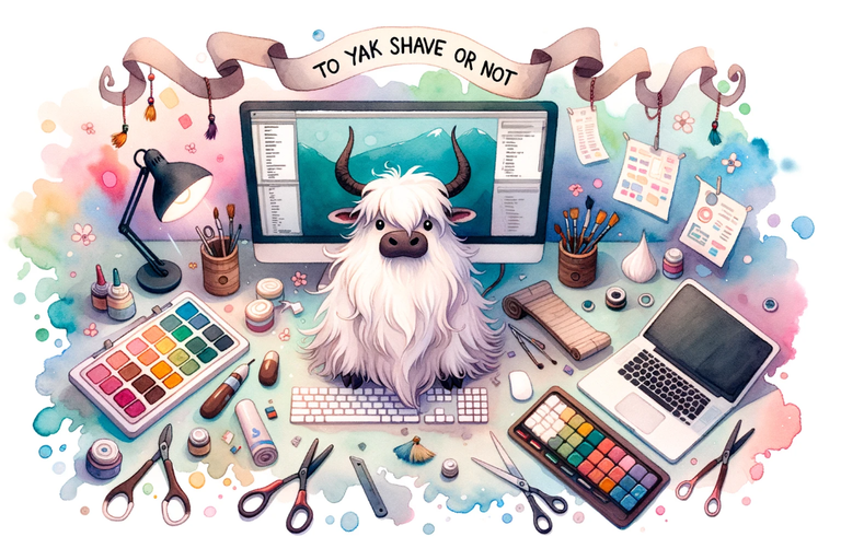 A dreamy and soft palette paints a developer's desk scene. Scattered tools, a glowing computer screen, and a whimsical yak with patches of shaved fur take center stage. Above, in flowing watercolor script, the title reads 'To Yak Shave or Not'.
