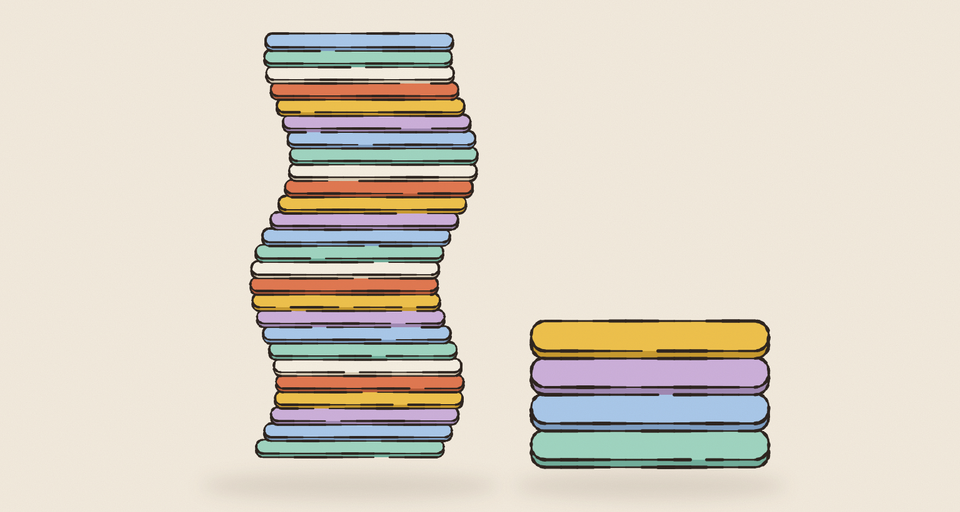 Editorial illustration of a tall, wobbling stack of thin pastel plates beside a short, neat stack of just four thick ones, every edge drawn in wobbly ink.