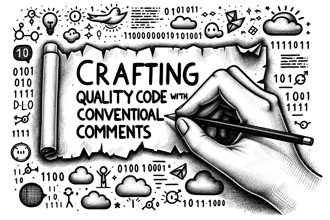 An artistically drawn hand writes 'conventional comments' on a torn piece of paper. Surrounding the main text, there are doodles of binary code, cloud symbols, and stick figures. The title, 'Crafting Quality Code with Conventional Comments', is prominently displayed at the top with a flourish.