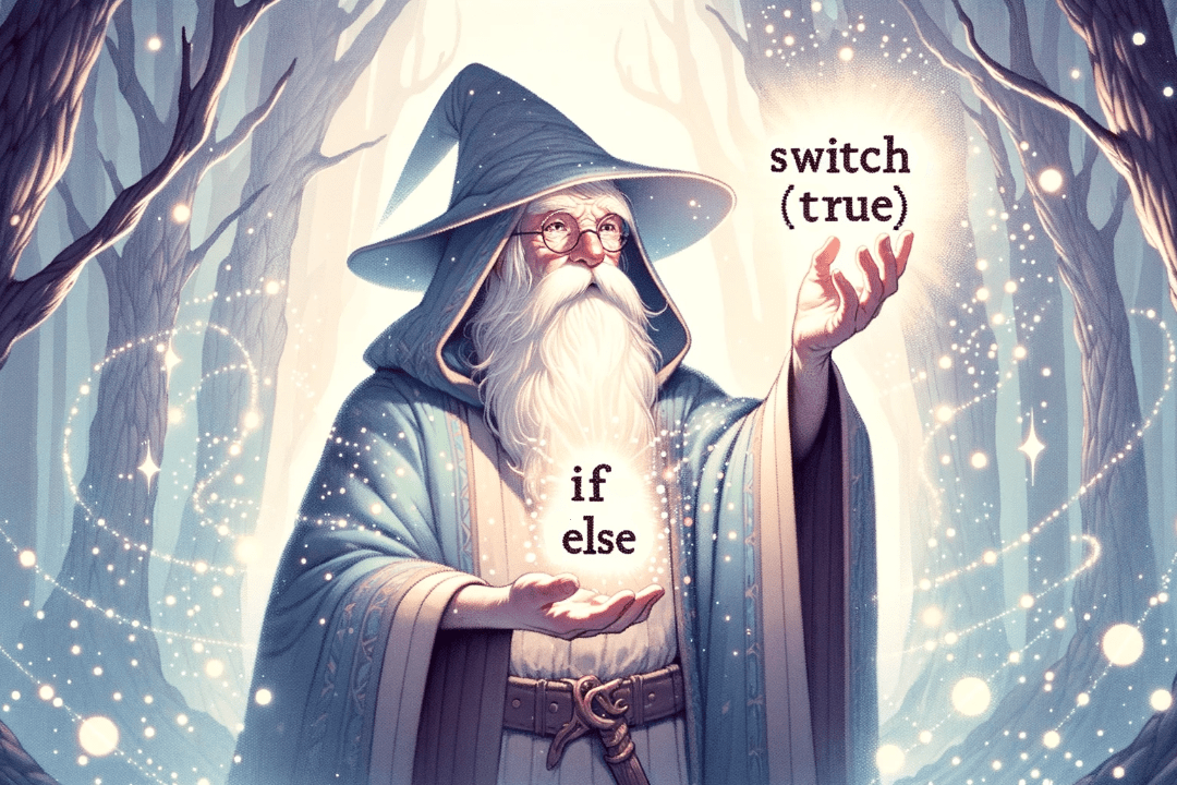 A wizard in a blue robe and hat, standing amidst a mystical forest with shimmering lights. He presents a choice between 'if-else' in one hand and 'switch(true)' in the other.