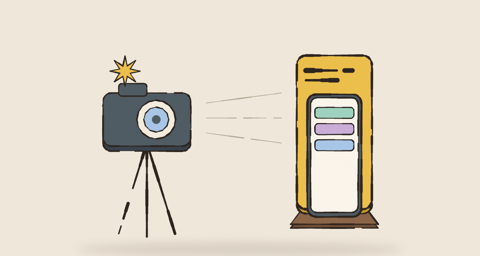 Editorial illustration of a slate camera on a tripod, a yellow flash bursting from its top, aimed at a framed App Store screenshot of a phone with caption lines above it, standing on a small walnut stand, every edge drawn in wobbly ink.