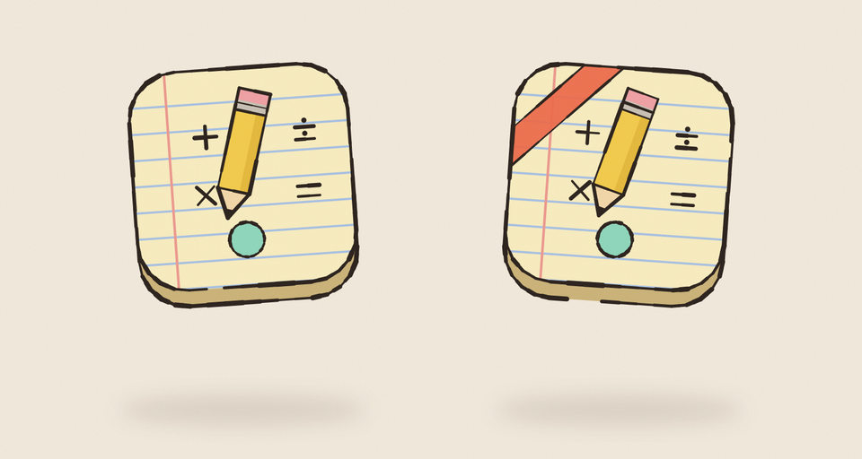 Editorial illustration of two chunky app icon tiles floating side by side, each a yellow pencil on lined notebook paper with plus, minus, times and divide signs, the right one with an orange ribbon across its top-left corner, every edge drawn in wobbly ink.