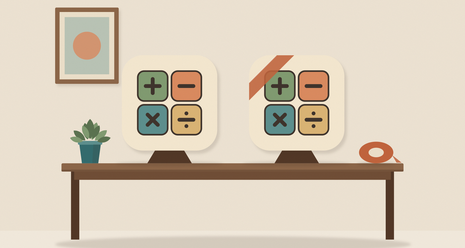 Editorial illustration of two identical glazed tiles painted with plus, minus, times and divide, the right one with orange tape across its corner, and the tape roll beside them.
