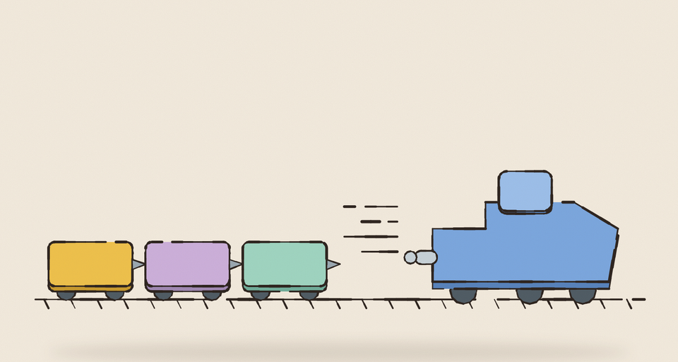 Editorial illustration of a blue locomotive speeding off to the right along a track, speed lines behind it, leaving three amber, lilac and mint cars uncoupled on the left, every edge drawn in wobbly ink.