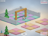 roll-it: Sky Steps, soccer ball on pastel tile islands with a wooden arch, a gem, timer, lives, and minimap.