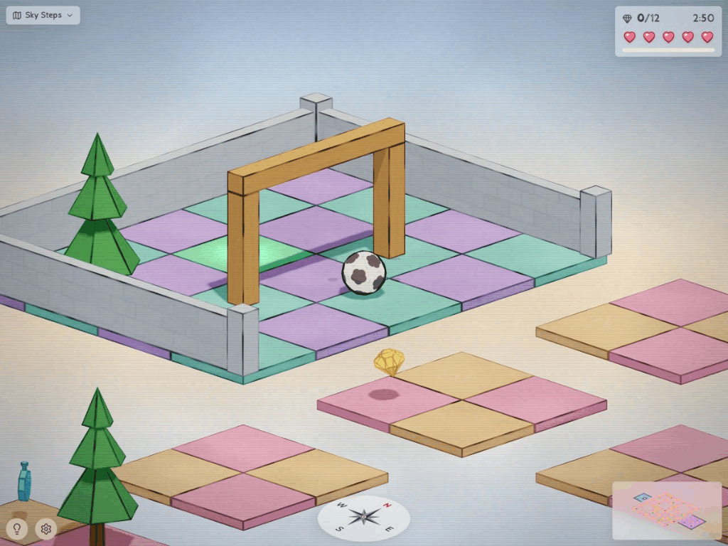 roll-it: Sky Steps, soccer ball on pastel tile islands with a wooden arch, a gem, timer, lives, and minimap.