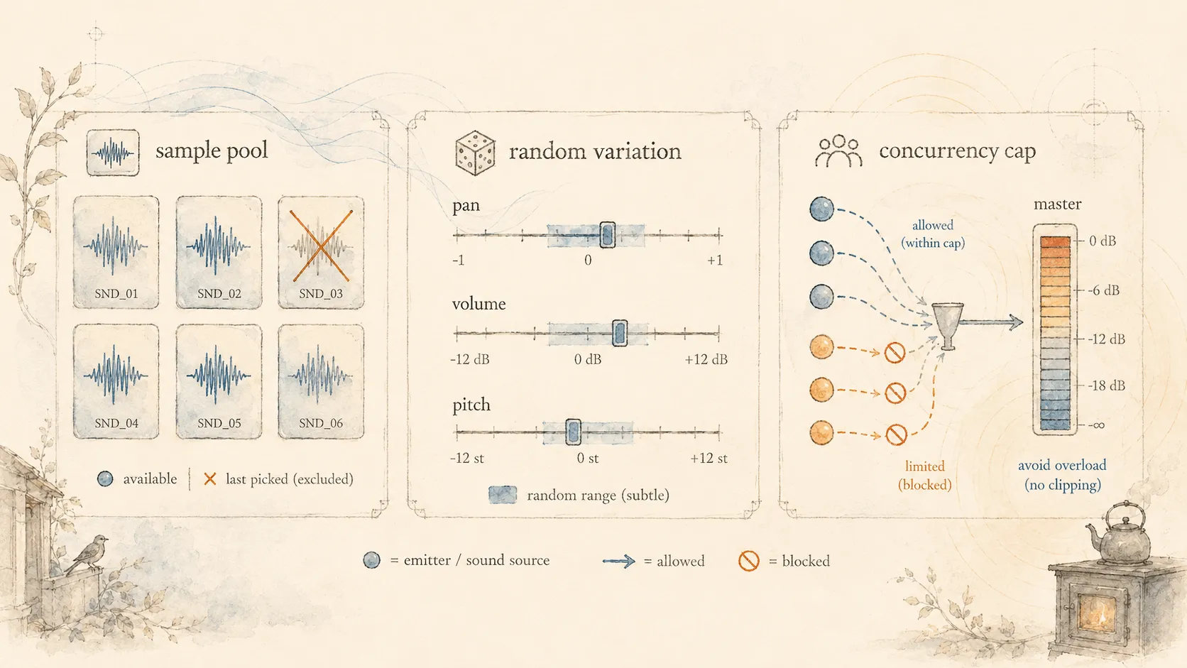 Three panels: a sample pool with last-picked exclusion, random variation ranges for pan/volume/pitch, and a concurrency cap blocking extra emitters past the limit to avoid master overload.