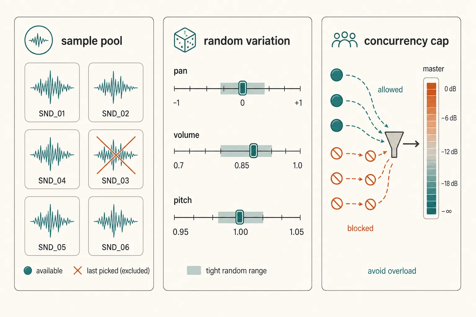 Three panels: a sample pool with last-picked exclusion, random variation ranges for pan, volume, and pitch, and a concurrency cap blocking extra emitters past the limit so the master does not overload.