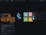 three-kit's three-textures demo in dark mode: painted crates, a blue knot and sticker cards, the texture panel listing crate, noise and stickers, and the three-meter HUD with FPS, CPU, GPU and draw calls.