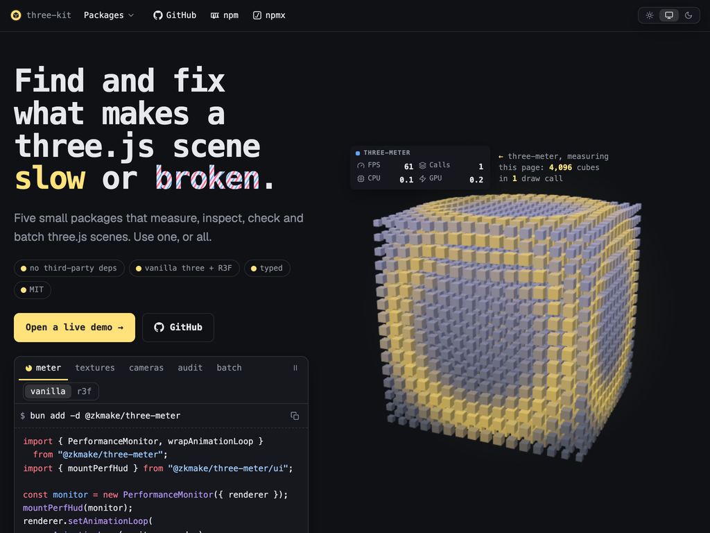 three-kit's home page in dark mode: Find and fix what makes a three.js scene slow or broken, beside a cube of 4,096 small cubes measured by the three-meter HUD (FPS, CPU, GPU, one draw call) and an install snippet.