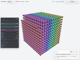 three-meter demo: FPS, CPU, and GPU graphs in a HUD docked at the left beside a pastel instanced cube on a light background.