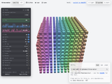 three-meter demo: expanded dark HUD at the left with FPS, CPU, and GPU graphs, stutter stats, scene counts, and a version footer beside a pastel instanced cube on a light background.