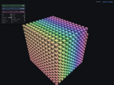 three-meter: FPS, CPU, and GPU graphs in a docked HUD beside a pastel instanced cube on black.