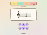 Treble Trouble in-game: a treble-clef staff with one note, HUD across the top, six purple answer circles labeled C, E, F, G, D, and A.