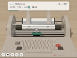 Typewriter's modern Orbit machine mid-lesson: asdf jkl; printed on the paper by its golf-ball type element, the lesson line and 21 wpm in the bar above, and cream keys with a red return key.