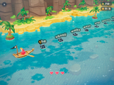 Typo's Voyage: Typo rows a wooden boat through tropical water toward mines labeled with words, score and lives in the HUD.
