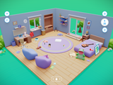Organize It! bedroom: an isometric 3D bedroom with clothes, toys, books and a guitar scattered across the floor and bed, a frog plush by the bed, and a 0 of 26 counter.