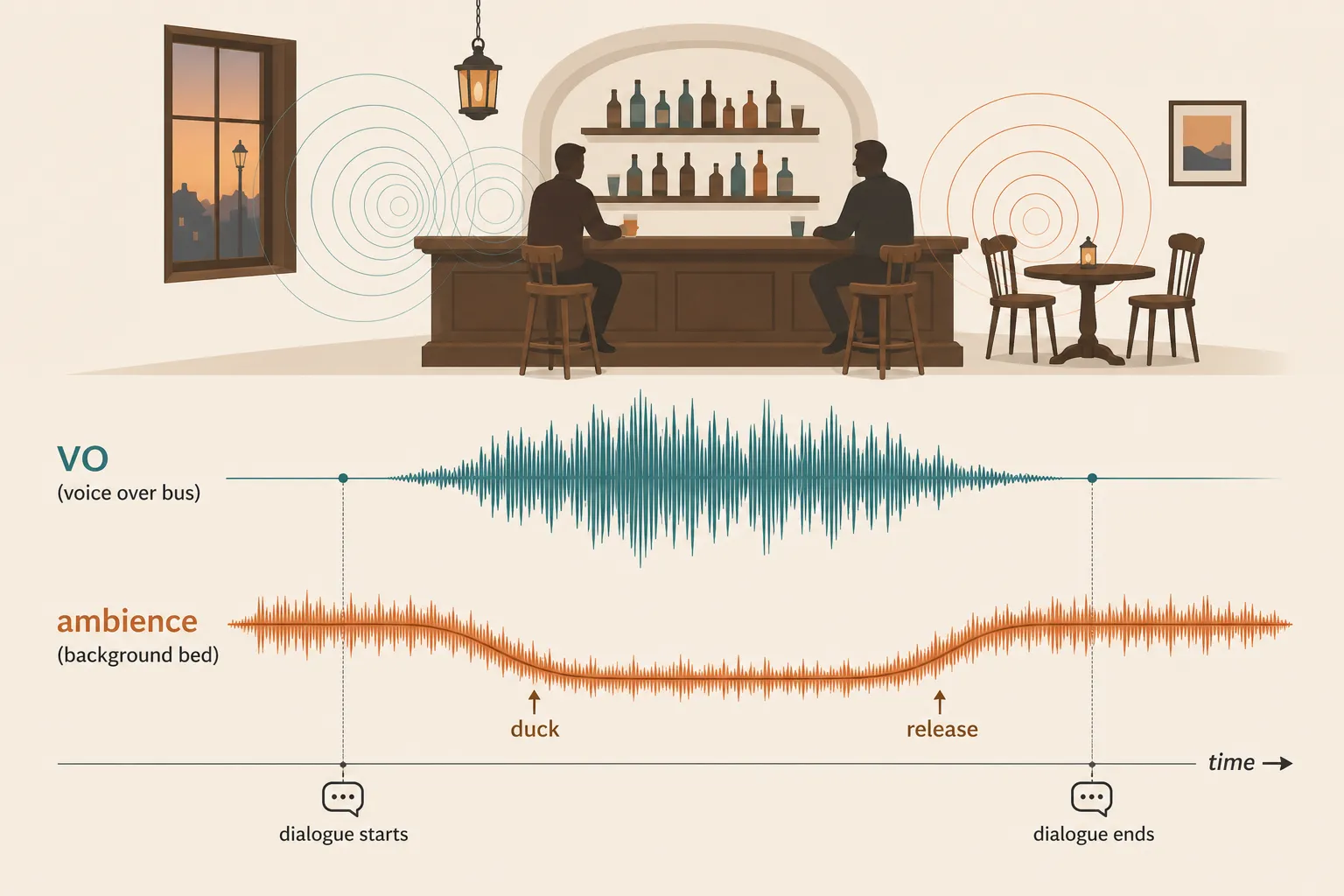 Waveforms of a voice-over bus and an ambience bus. When dialog starts, the ambience ducks down. When the line ends, it releases back to full level.