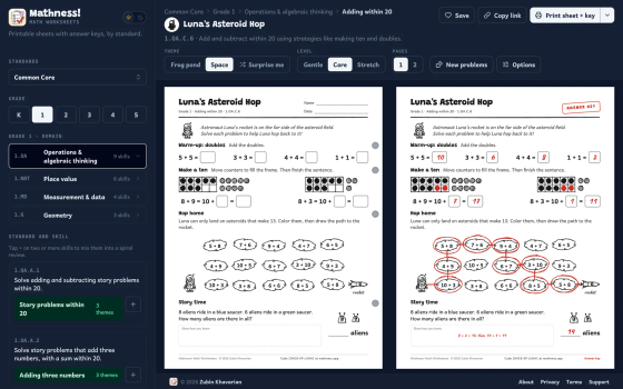 Luna's Asteroid Hop, a Grade 1 adding-within-20 sheet and its key, with the app in dark mode and the sheets still on white paper.