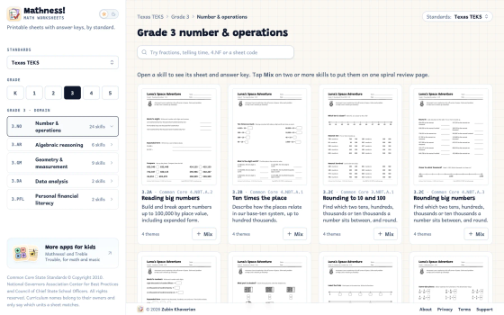 Texas TEKS, Grade 3 number and operations: a card for each skill with a live thumbnail of its sheet, its Texas and Common Core codes, a summary, and a Mix button.
