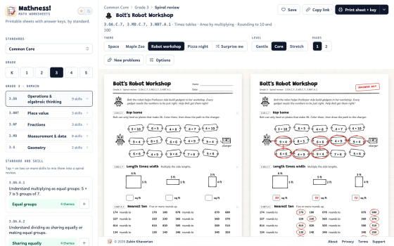 Bolt's Robot Workshop, a Grade 3 spiral review mixing times tables, area and rounding on one page, beside its answer key.